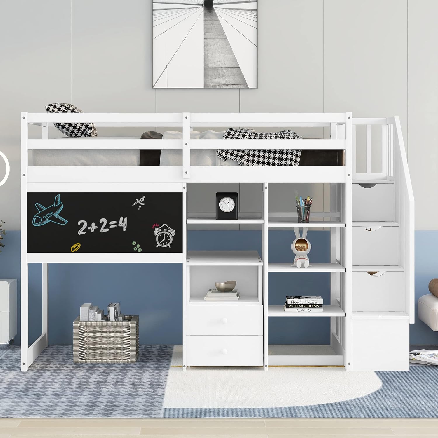 Harper & Bright Designs Twin Size Loft Bed with Stairs and Desk, Solid Wood Loft Bed with Storage Shelves and Blackboard, for Bedroom Dorm Boys Girls Adults (Twin, White)
