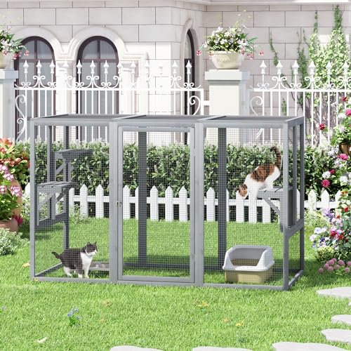 Outdoor Cat Enclosures, Weatherproof Catio for Cats, Large Cat Cage with 3 Platforms and Litter Box, Wooden Cat Crate for Outside, Cat House for Cat Patio, Grey