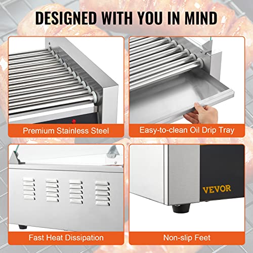 VEVOR Hot Dog Roller,5 Rollers 12 Hot Dog Capacity, 750W Stainless Steel Cook Warmer Machine with Dual Temp Control, LED Light and Detachable Drip Tray, Sausage Grill Cooker for Kitchen Restaurant