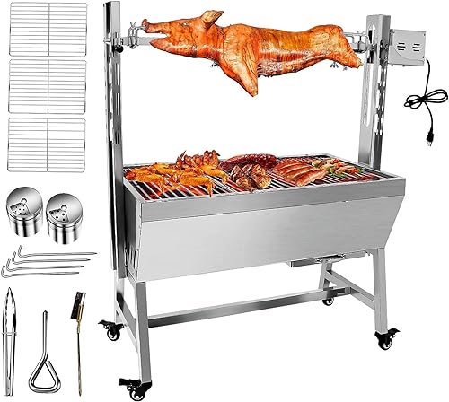 Stainless Steel Rotisserie Grill With Back Cover Guard, 25W Motor Small Pig Lamb Rotisserie Roaster, 37 Inch BBQ Charcoal Rotisserie Grill For Camping Outdoor Kitchen (with Baffle)