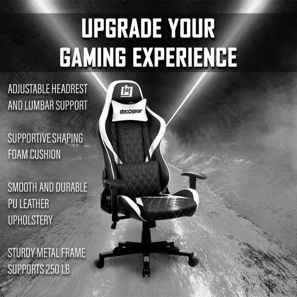 Deco Gear Ergonomic Foam Gaming Chair with Adjustable Head and Lumbar SUPPORT, White
