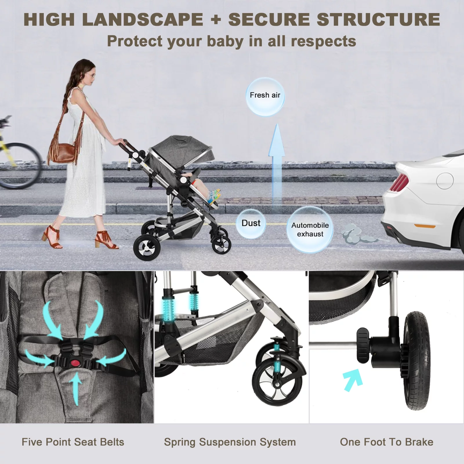 AILEEKISS 3 in 1 Baby Stroller Reversible Newborn Bassinet Stroller & Unisex Infant Carriage, Grey