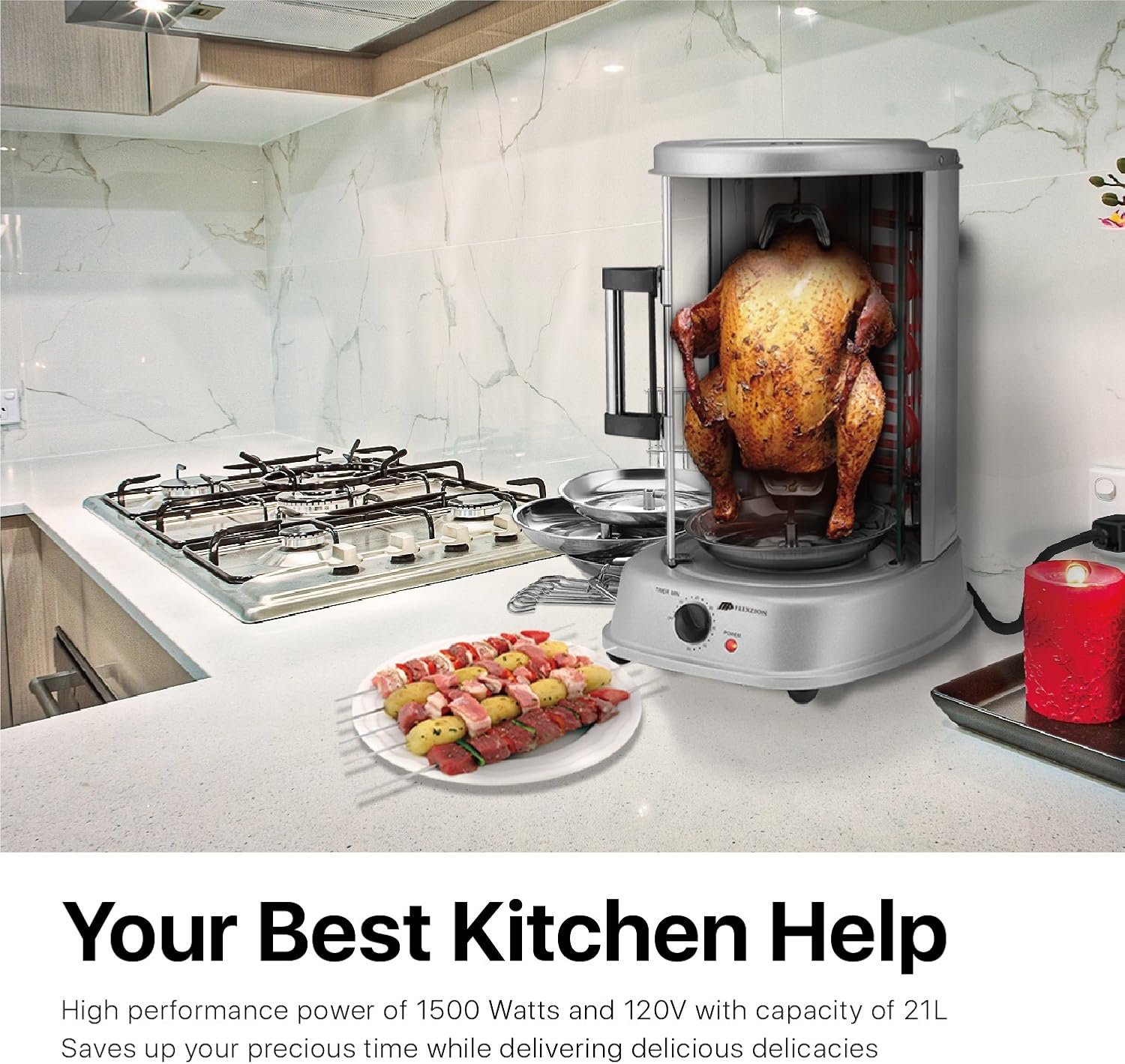 Flexzion Vertical Rotisserie Oven Grill - Countertop Shawarma Machine Kebab Electric Cooker Rotating Oven, Stainless Steel Roaster w/Bake Ware Kebob Skewers Stain Resistant Rotisserie Machine