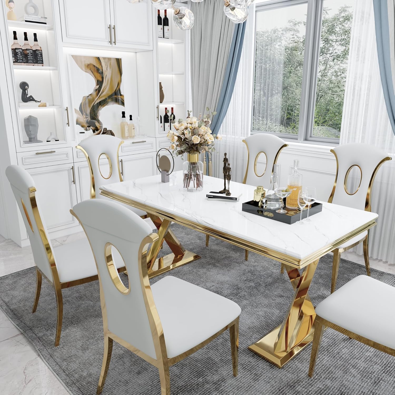 White and Gold Dining Table, 72" Dining Room Table with Polished Gold Double X-Base, Luxury Kitchen Table for 4-8