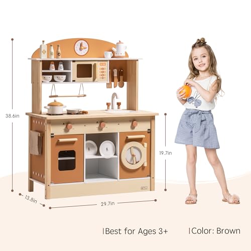 ROBUD Play Kitchen Set, Wooden Play Kitchen with Ice Maker, Fridge, Coffee Machine, Oven, Dishwasher, Microwave, Kitchen Accessories, Toy Kitchen Gift for Boys Girls, 3+