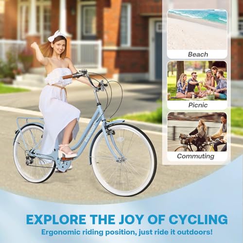 26 Inch Womens Bike, Beach Cruiser Bike for Women, Hybrid Cruiser Bike with 7 Speed, Adjustable Seat, Lightweight Women Beach Cruiser Bike with Anti-Skid Tires, Multi Colors