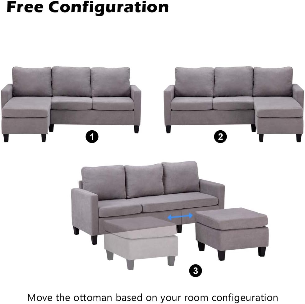 Convertible Sectional Sofa Couch, Modern Linen Fabric L-Shaped Couch 3-Seat Sofa Sectional with Reversible Chaise for Small Living Room, Apartment and Small Space (Light Grey)