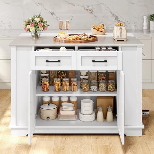 YITAHOME Kitchen Island with Stainless Steel Top & Drop Leaf, 47 Inch Kitchen Island on Wheels with Power Outlet, Rolling Portable Mobile Kitchen Cart w Storage Drawer Cabinet Counter Metal Top, White