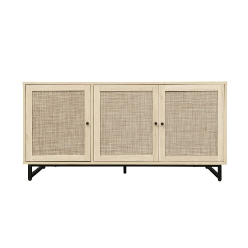 Rattan Sideboard Buffet Cabinet, 2 Tier Rattan Storage Cabinet with 3 Doors & Metal Legs,Wood Shoe Cabinet Storage,Accent Console Table Cabinet for Living Room Kitchen Hallway Entryway