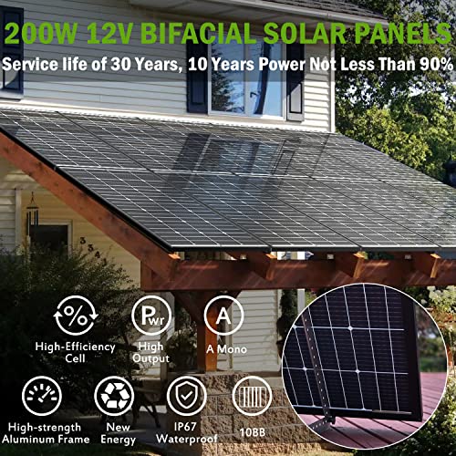 JJN Bifacial 200 Watt Solar Panel 12V 10BB Monocrystalline Solar Panels High Efficiency Solar Module for RV Home Battery Charging Farm Trailer Camper Marine Off Grid System Single Piece