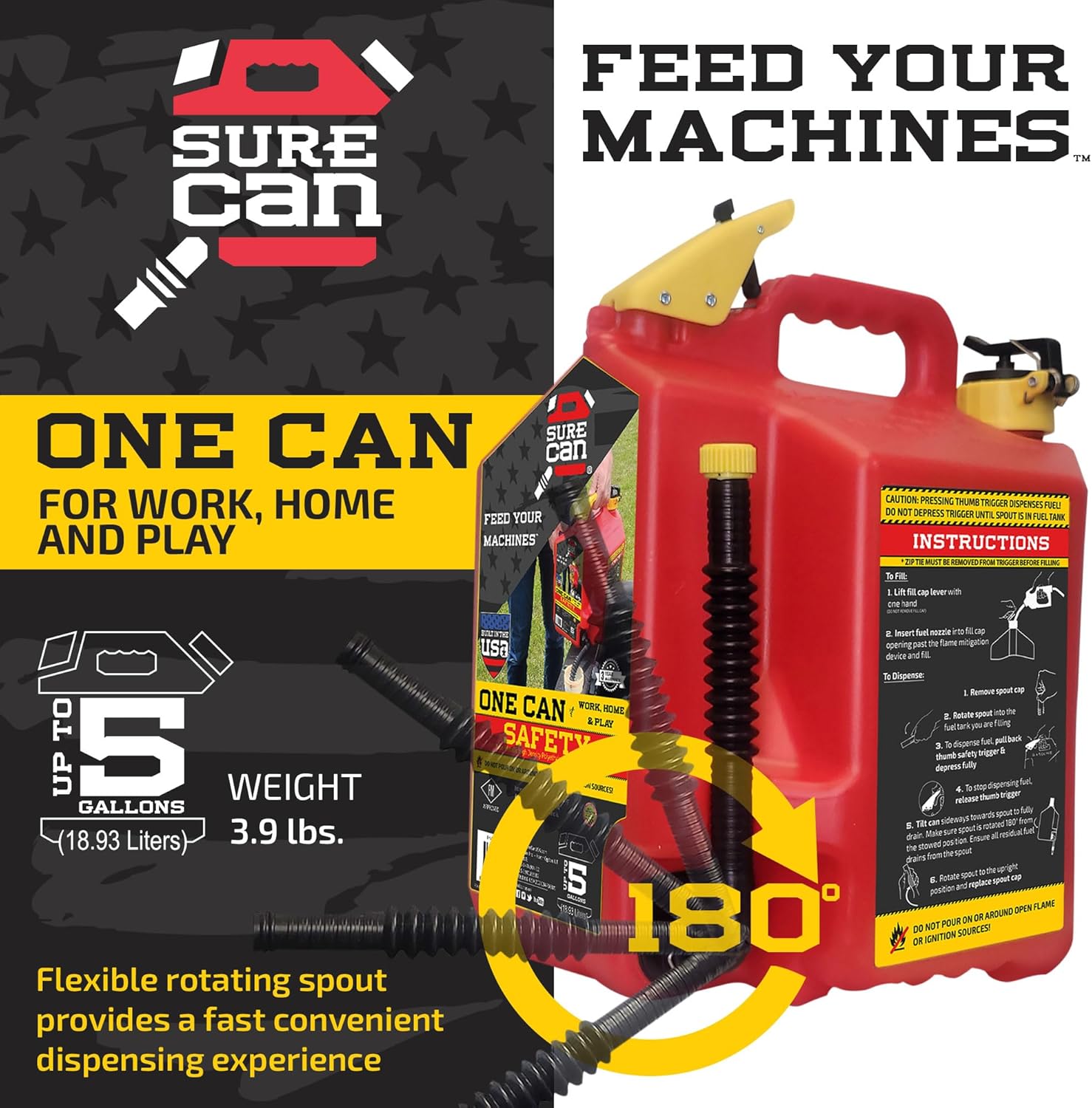 Surecan 5 Gallon Container Type II - Rotating Spout, Self-Venting, & Spill Free, Ideal Large Five Gallon Safety Storage Can (Red, SUR5SFG2)