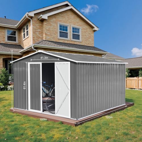 10 x 8 FT Outdoor Storage Shed, Metal Garden Tool Shed with Air Vents & Lockable Doors, Heavy-Duty Waterproof Small Bike shed Easy to Assemble for Garden, Lawn, Patio, Backyard, Grey