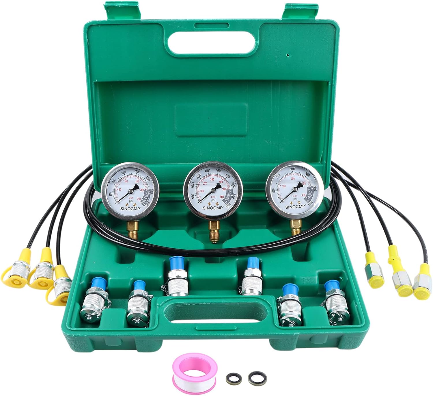 Upgraded Version Hydraulic Pressure Gauge Kit - SINOCMP Excavator Hydraulic Kit Stainless Steel Pressure Gauge Test Gauge Kit for Excavators, 2 Years Warranty