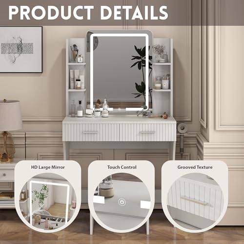 Vanity Desk with LED Lighted Mirror, Makeup Vanity with 3 Adjustable Lights, 2 Large Drawers and 4 Open Shelves, White Vanity with Storage Stool for Bedroom