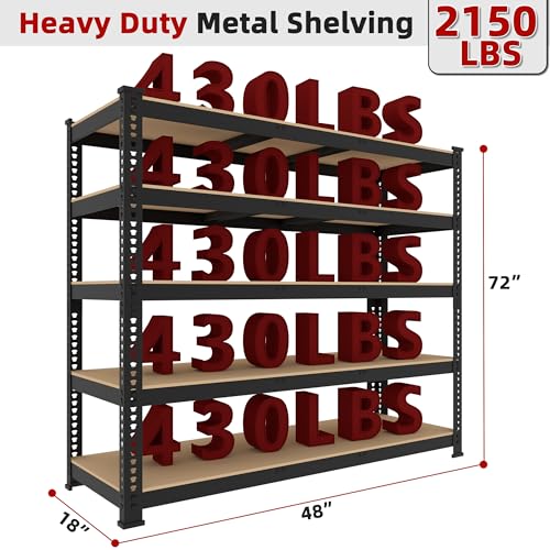 5 Tier Garage Storage Shelves - 32" W x 16" D x 63" H Adjustable Heavy Duty Metal Shelving Unit, Garage Shelving Utility Storage Rack for Basement, Pantry, Kitchen, Black, 2 PCS