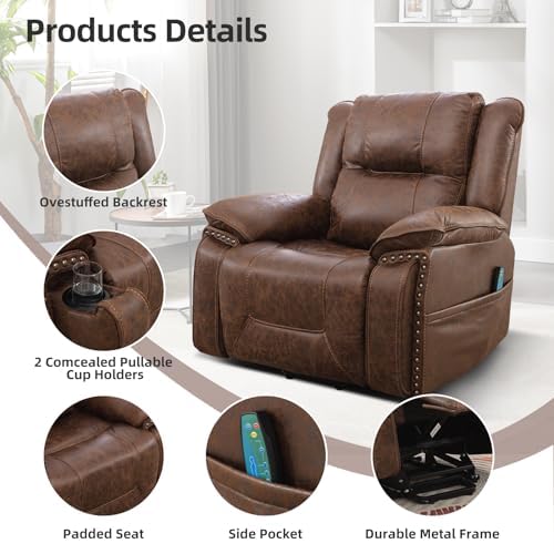 Phoenix Home Dual Motor Power Lift Chair for Elderly, Lift Chairs with Massage and Heat, Leather Electric Chairs for Adults, Recliner Chair with USB, 2 Concealed Cup Holders, Brown