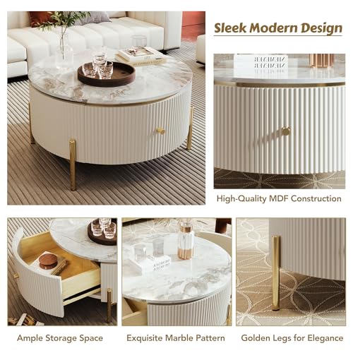 Modern Round Lift-top Nesting Coffee Tables with 2 Drawers for Living Room White & Natural