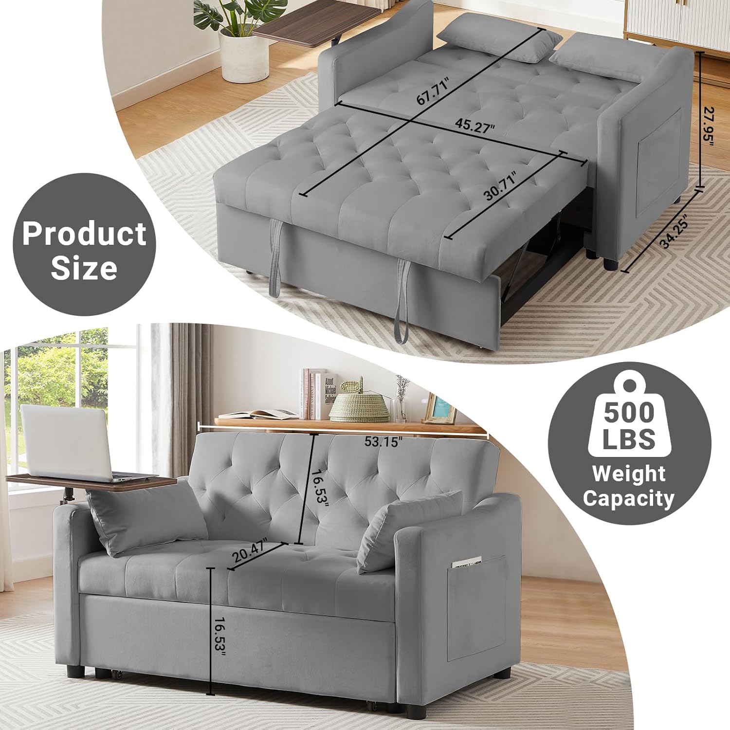 3 in 1 Convertible Couch, Pull Out Sofa Bed with 3-Level Adjustable Backrest, Sleeper Loveseat with Storage and Pillows, Modern Recliner for Living Room Apartment Office, Full Size, Gray
