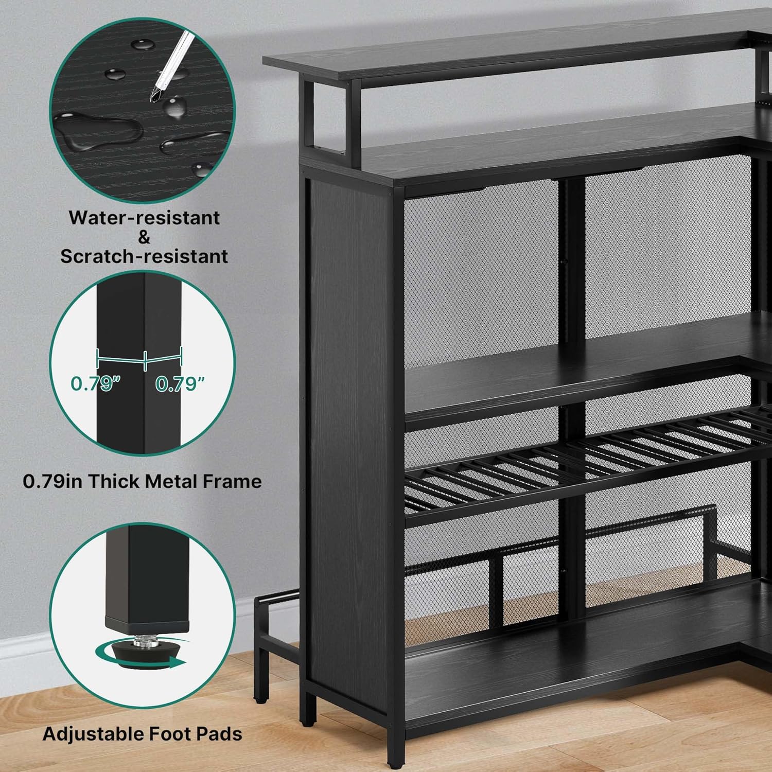 YITAHOME L Shaped Mini Home Bar Unit for Living Room with Music Sensing LED Light, Tall Bars Furniture Table with Wine Rack Alcohol Storage Glasses Hanger Footrest for Kitchen Pub, Black