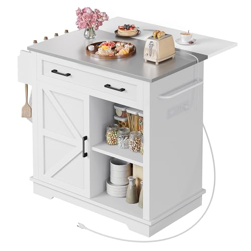 YITAHOME Kitchen Island with Stainless Steel Top & Drop Leaf, 47 Inch Kitchen Island on Wheels with Power Outlet, Rolling Portable Mobile Kitchen Cart w Storage Drawer Cabinet Counter Metal Top, White
