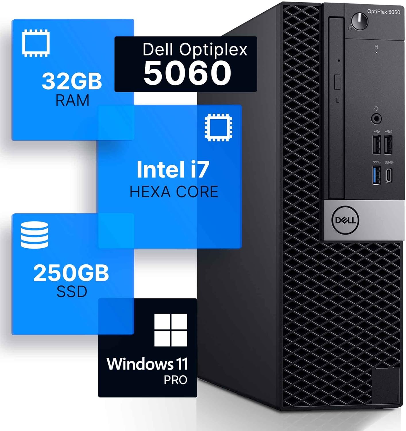 Dell Optiplex 5060 Desktop Computer | Hexa Core Intel i7 (3.4) | 32GB DDR4 RAM | 250GB SSD Solid State | Windows 11 Professional | Home or Office PC, Black (Renewed)