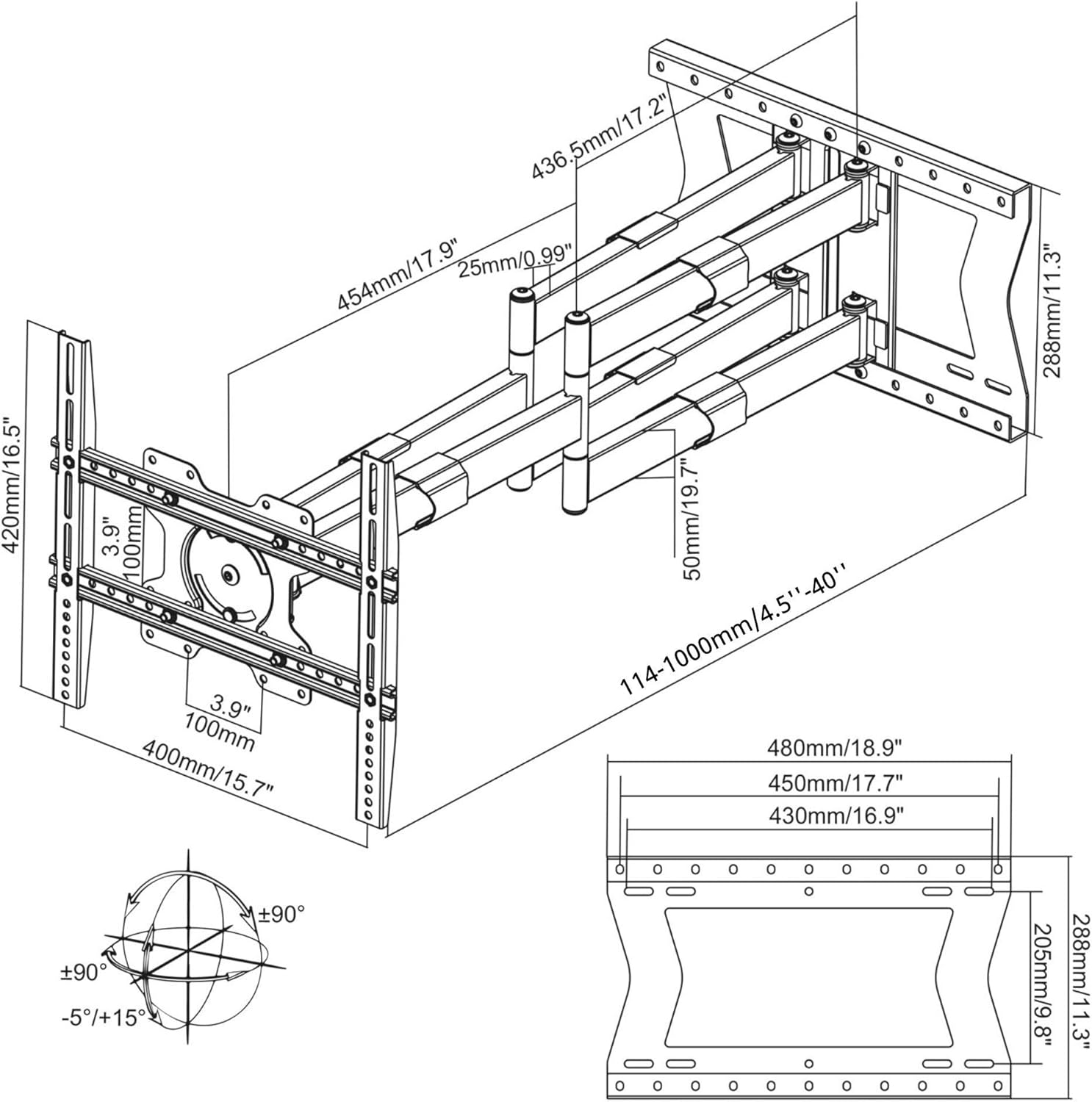 Physix 4100 Long arm TV Wall Mount for 32-85 inch Screens Extra Long Extension up to 40 inch Heavy-Duty TV Mount Holds up to 120 lbs Full-Motion, swivels up to 180° Max. VESA 400x400, Black