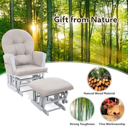 Naomi Home Nursery Glider & Ottoman Sets, Reclining Glider Rocker with Ottoman, Nursery Rocking Breastfeeding Maternity Chair for Baby Room, Recliner Glider with Ottoman, Padded Arms - White, Gray