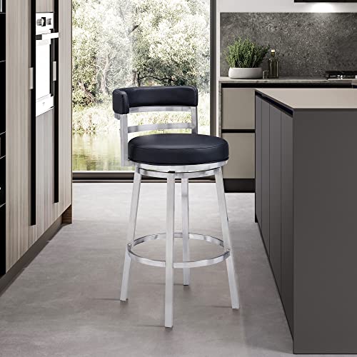 Armen Living Madrid 26" Counter Height Swivel Modern Gray Faux Leather and Brushed Stainless Steel Bar Stool for Kitchen Island Counter