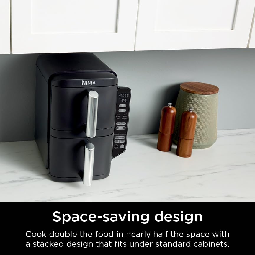 Ninja Air Fryer, 8 QT DoubleStack 2-Basket, Space Saving Design, Cooks 2lb Chicken Wings, Feeds up to 6 People, 6-in1 Air Fryer, Roast, Bake & More, Easy to Clean, Dishwasher Safe Parts, Black, SL201