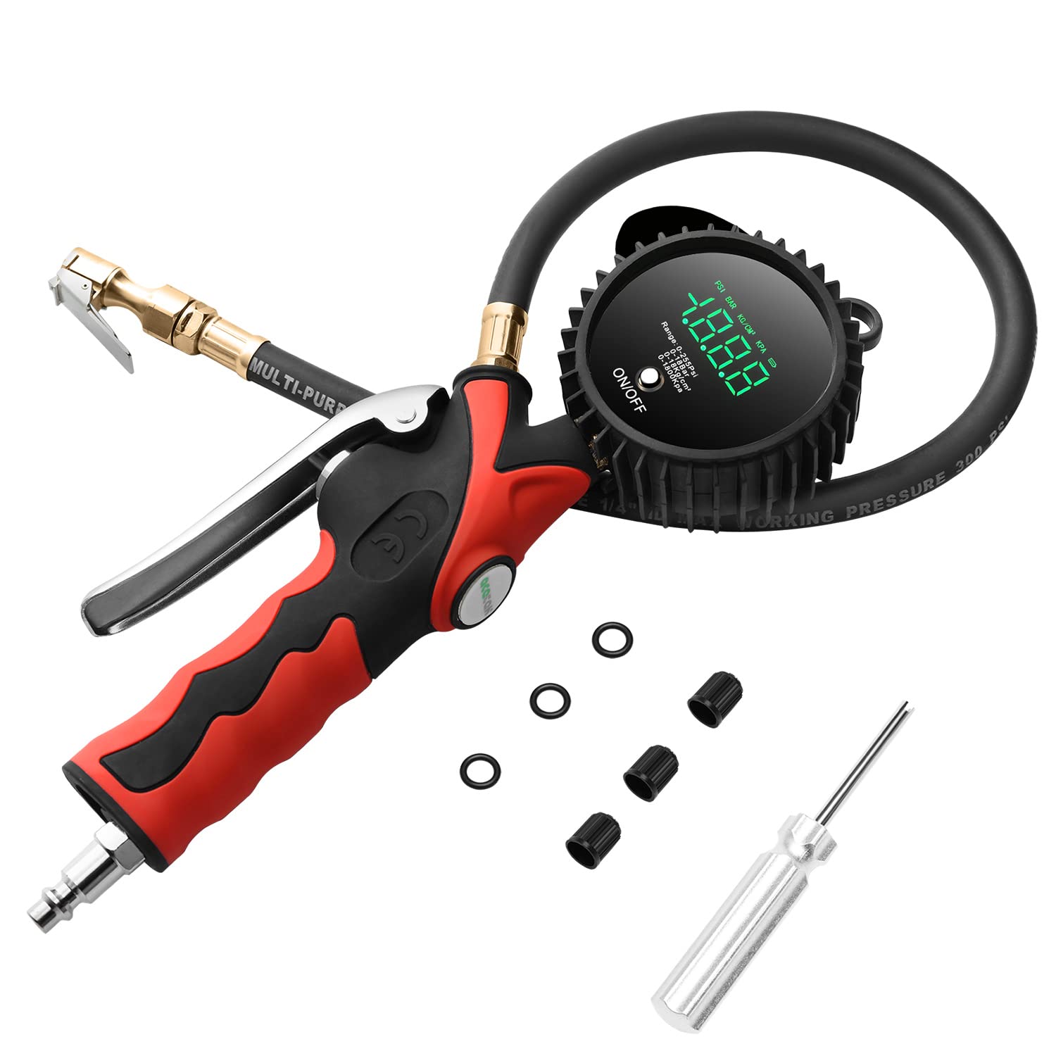 Digital Tire Inflator with Pressure Gauge, 255PSI Air Chuck LCD Display 0.1 Resolution Tire Pressure Gauge, Heavy Duty Air Compressor Accessories with Rubber Hose and Quick Connect Coupler Men Gift Pack of 2