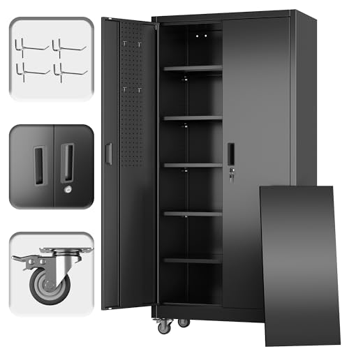 73" H Metal Storage Cabinet with Wheels, Garage Storage Cabinet with 4 Adjustable Shelves and Lockable Doors for Garage Home Office Utility Room,Required Assembly,Black