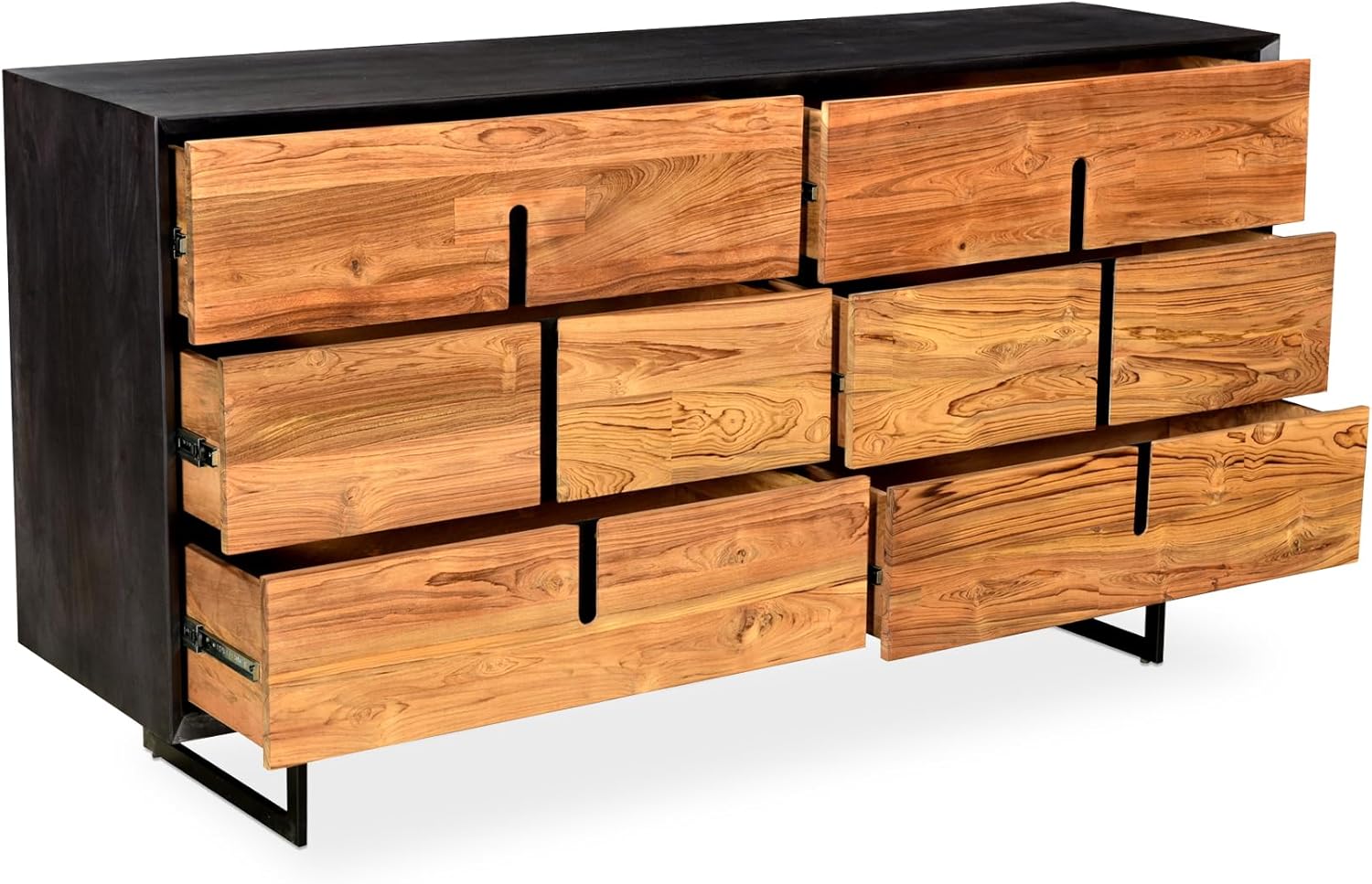 Lennox, Dresser, Scandinavian Solid Mango Wood with Reclaimed Teak Doors and Steel Legs, 6 Drawers, Light Brown