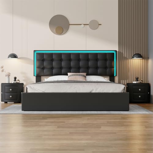 3Pcs Bedroom Set, Queen Size Upholstered Bed with LED Headboard, Hydraulic Storage Under Bed, 2 PU Nightstand with Drawers and Crystal Decoration, White