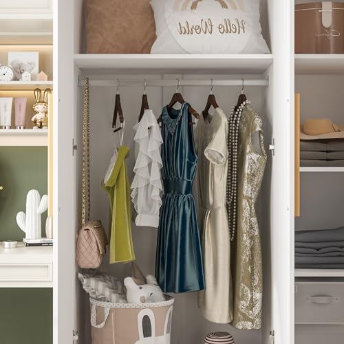 Large Armoire Wardrobe with 3 Doors, 1 Top Storage Space, 1 Hanging Space, 4 Closed Shleves, Clothes Organizer for Bedroom, White (47.2”W x 18.9”D x 70”H)