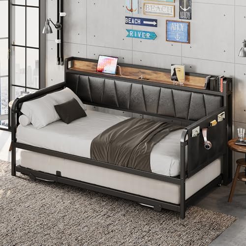 LIKIMIO Daybed with Trundle Bed, Twin Bed Frame with Storage Headboard and Charging Station, Sofa Day Bed with Strong Supports for Living Room, Bedroom, and Guest Room, Grey