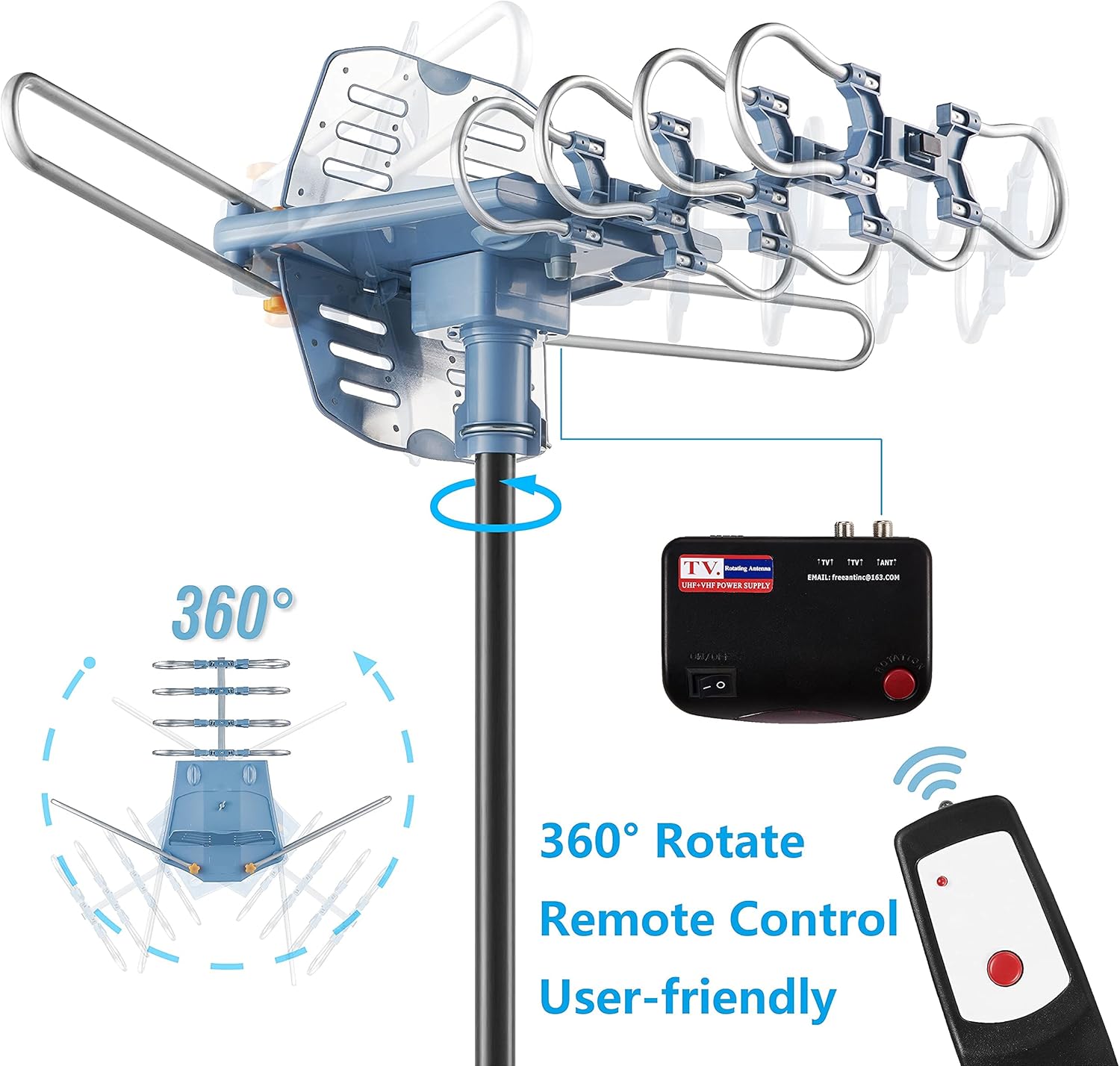 150 Miles Range Amplified Digital Outdoor TV Antenna with Mount Pole 4K/1080p High Reception/ 40feet RG6 Coaxial Cable/360 Degree Rotation Wireless Remote/ Snap On Installation/2 TVs Function