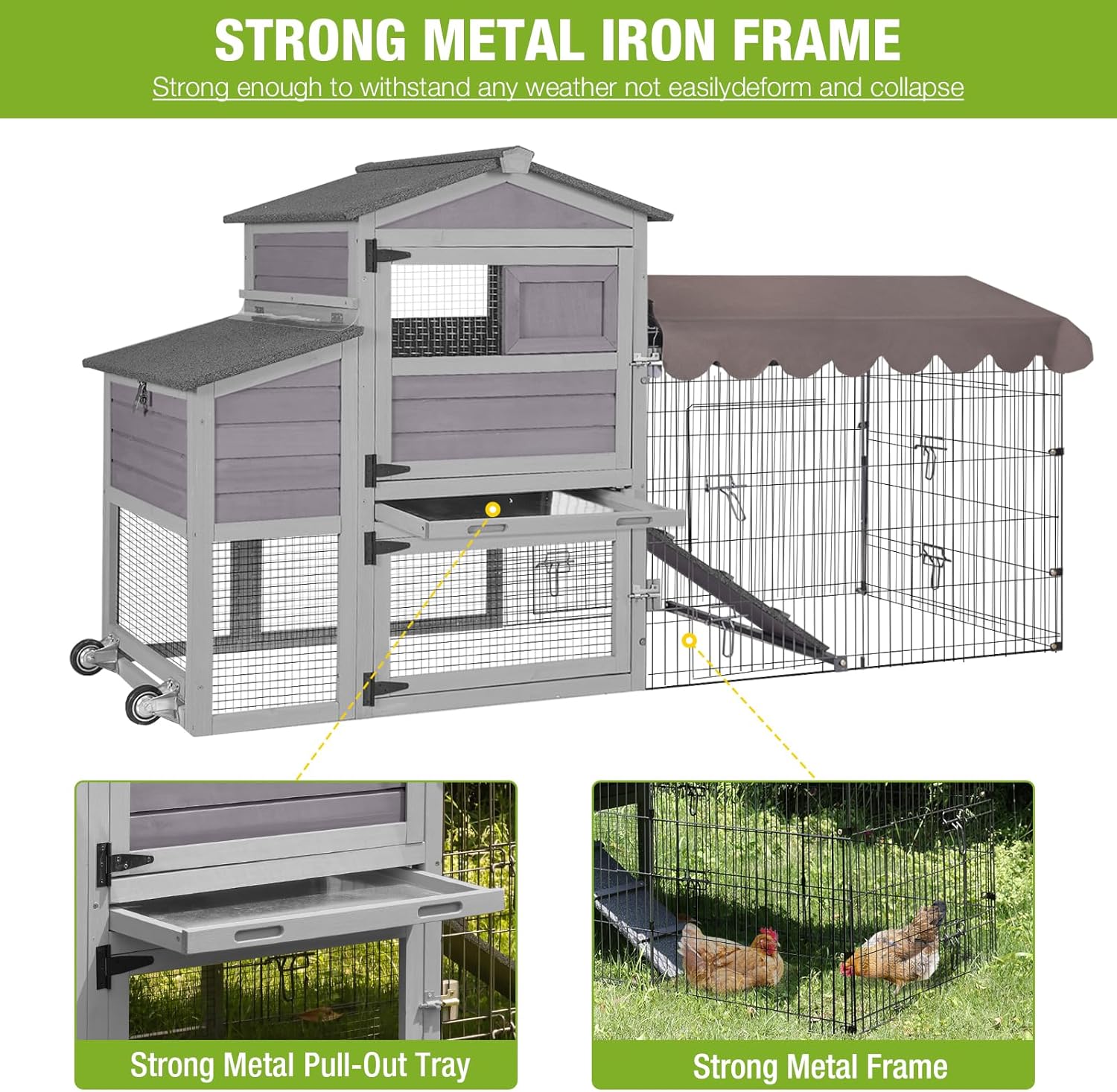 Mobile Chicken Coop 79" Large All-Steel Frame Hen House Poultry Cage with Metal Run,Waterproof Rain Cover