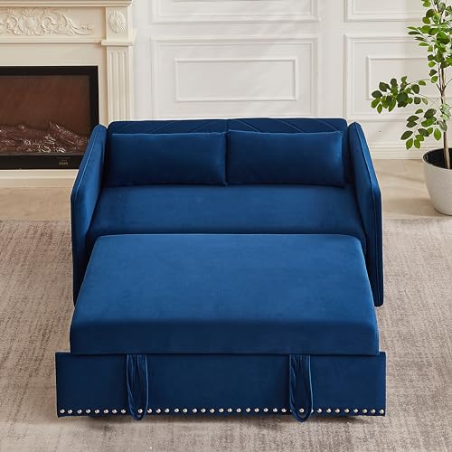 55 Inch Sleeper Sofa w/USB Port, 3-in-1 Adjustable Couch with Pull-Out Bed, 2 Lumbar Pillows and Side Pocket, Soft Velvet Convertible Sofabed for Living Room Bedroom Office, Blue