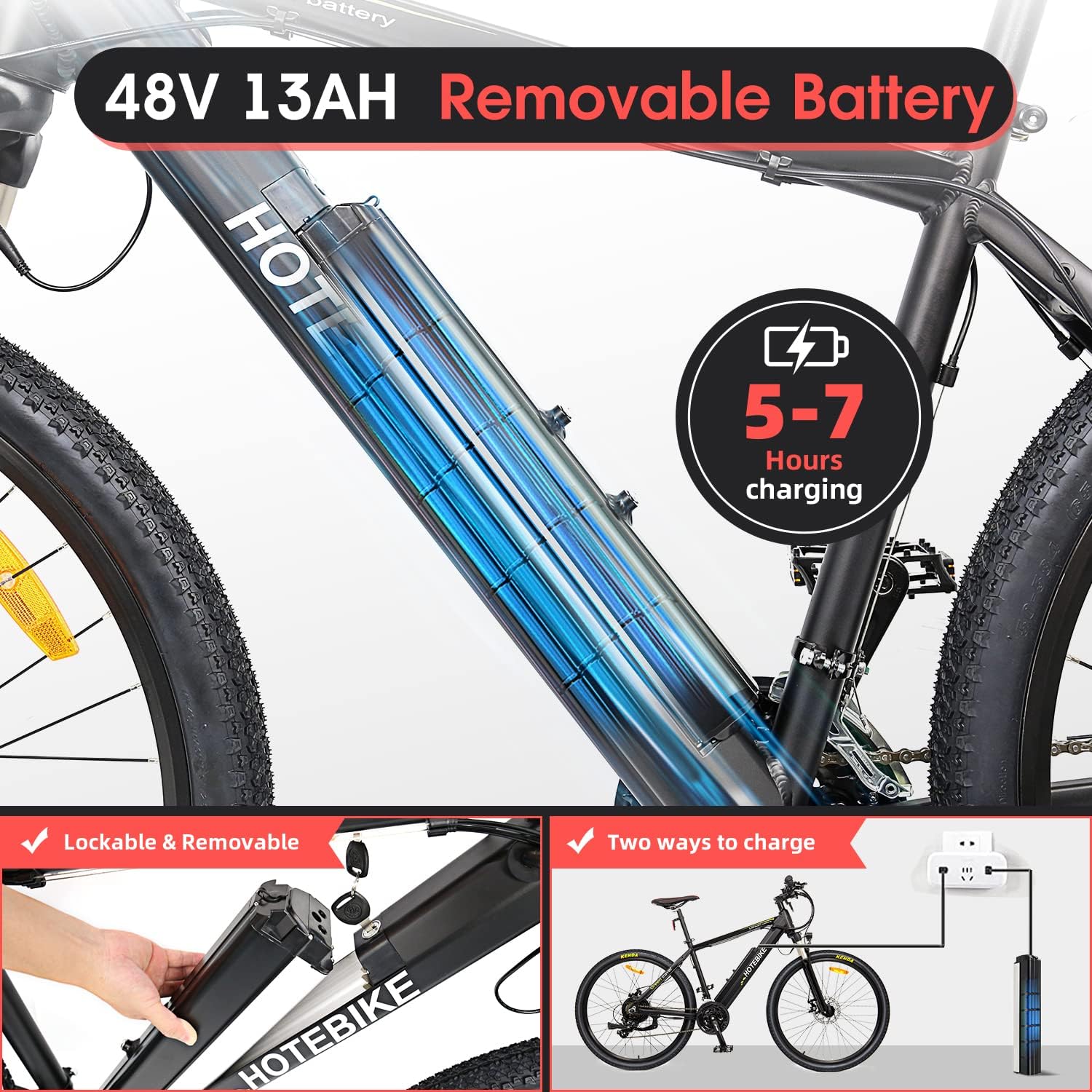 HOTEBIKE Electric Bike for Adults 500W Electric Mountain Bike with 48V 13AH Removable Battery 26" Electric Bicycle Ebike with 21 Speed LED Headlight Rear Light