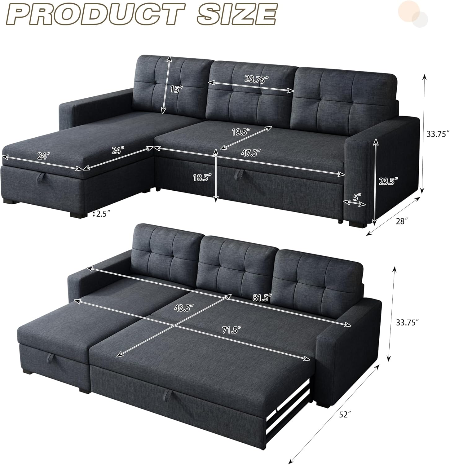 Sleeper Sofa Couch with Pull Out Bed,L Shaped Sleeper Sofa with Storage,Sectional Sleeper Couch,Convertible Sleeper Sectional Sofa W/Chaise and 3 Back Cushions,for Living Room,Office,Dark Grey
