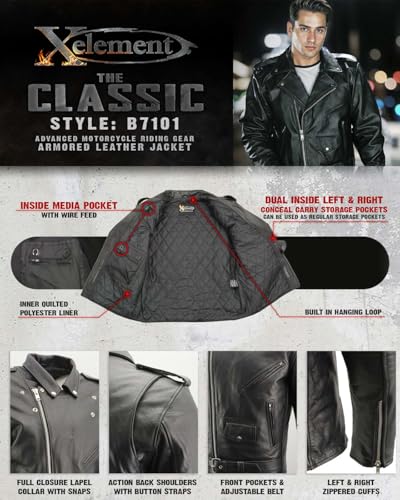 Xelement B7101 Men's 'Classic Armored' Black High-Grade Leather Motorcycle Biker Jacket with X-Armor Protection - Medium