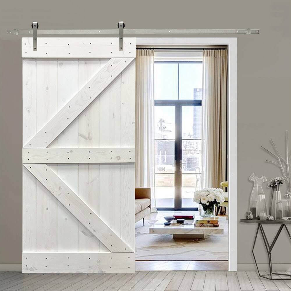 CALHOME K Series 36 in. L x 84 in. H Solid White Stained Knotty Pine Wood Interior Sliding Barn Door with Hardware Kit