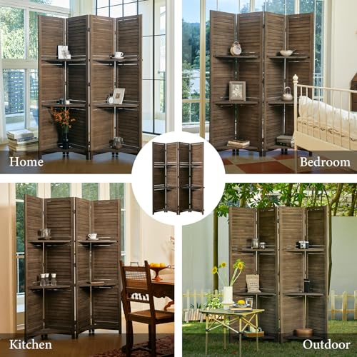 Room Divider with Shelves, 5.6 Ft Tall Folding Wood Screen with Double Hinges for Home Office Bedroom Hotel Decoration (6 Panels, Brown)