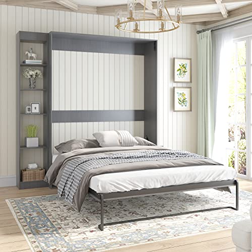 ZAFLY Folding Murphy Bed with 2 Side Cabinets, Foldable Wall Bed with Space Saving -White