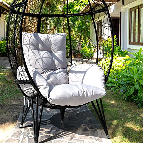 Wicker Egg Chair with Stand Cushion Outdoor Indoor Lounger Egg Basket Chair for Living Room, Backyard, Balcony, Patio (Black)