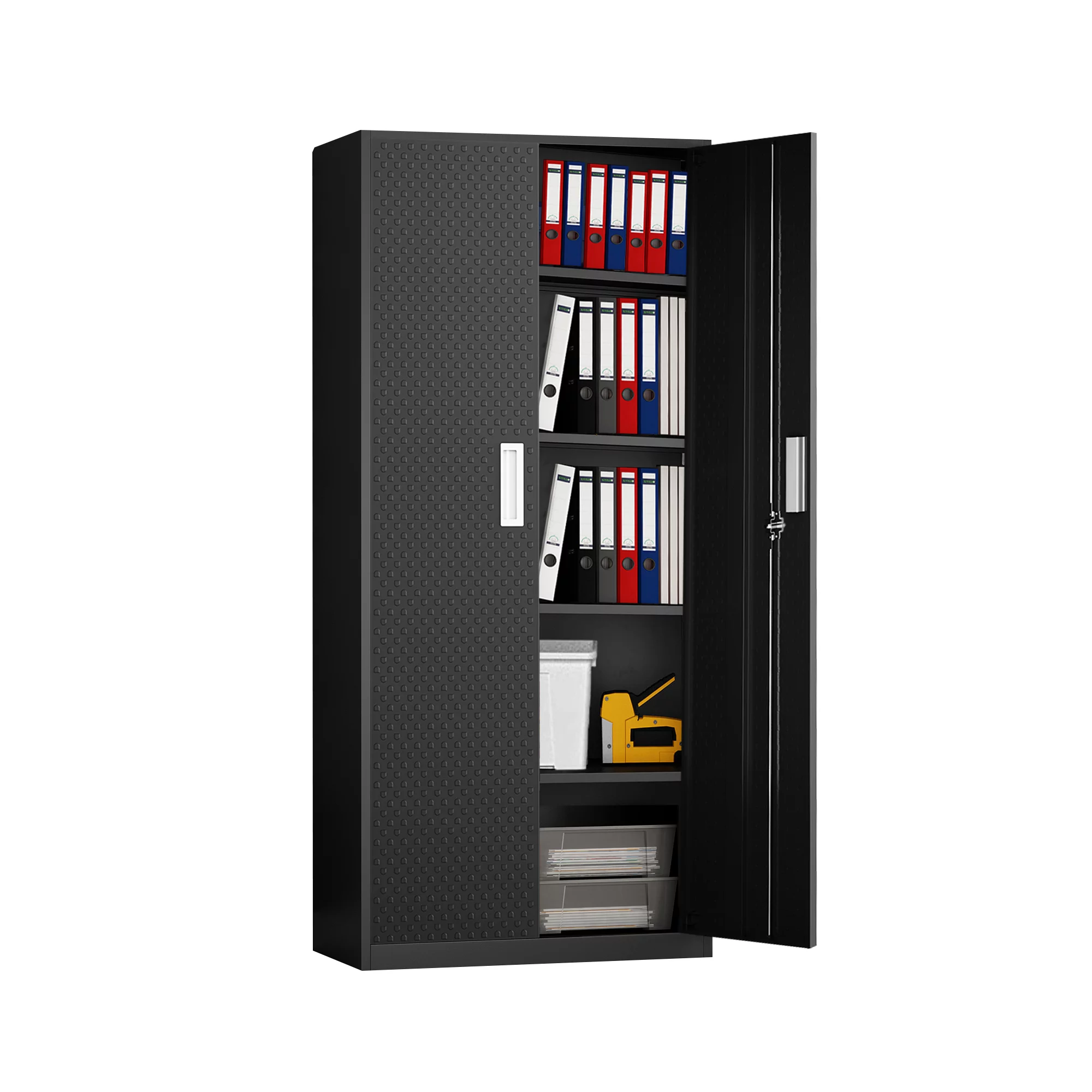 Tall Metal Storage Garage Cabinets with Locking Doors and 4 Adjustable Shelves, Double Handles, Steel Storage Cabinet for Garage, Office, Bedroom,Classroom, Employees,School,GymBlack