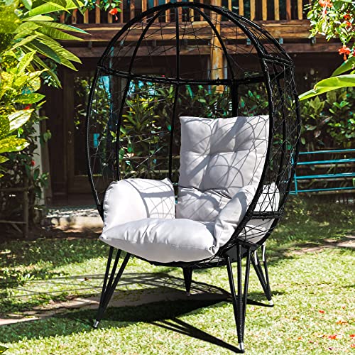 Wicker Egg Chair with Stand Cushion Outdoor Indoor Lounger Egg Basket Chair for Living Room, Backyard, Balcony, Patio (Black)