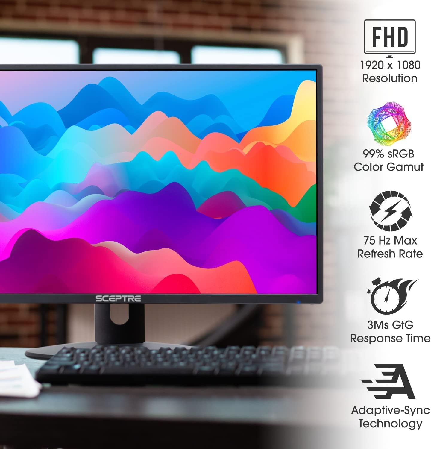 Sceptre 24 LED Monitor - 75Hz Refresh Rate - Professional Thin 1920 x 1080 FHD Resolution Computer Monitor - Built-in Speakers and VESA Mounting - HDMI + VGA Ports - Bundle with JAWFOAL HDMI Cable.