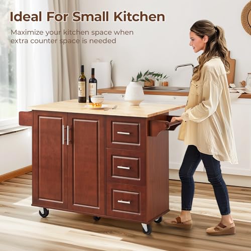 54" Large Kitchen Island Cart with Drop Leaf, Kitchen Island with Storage, Rolling Kitchen Island with Inside Cabinet, 3 Drawers, Spice Rack, Towel Rack and Wood Tabletop(Black)