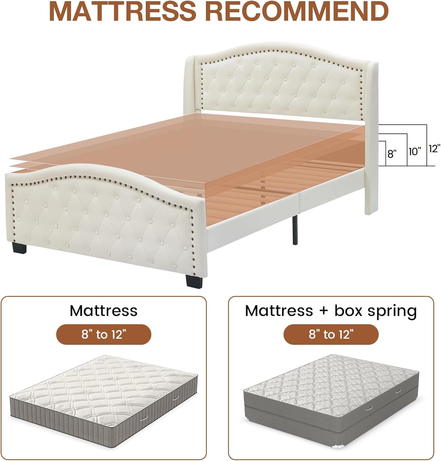 GAOMON Queen Size Upholstered Platform Bed Frame with Tall Headboard, Luxurious Velvet Button Tufted and Nailhead Trim Wingback, Arched Footboard, No Box Spring Needed, Beige